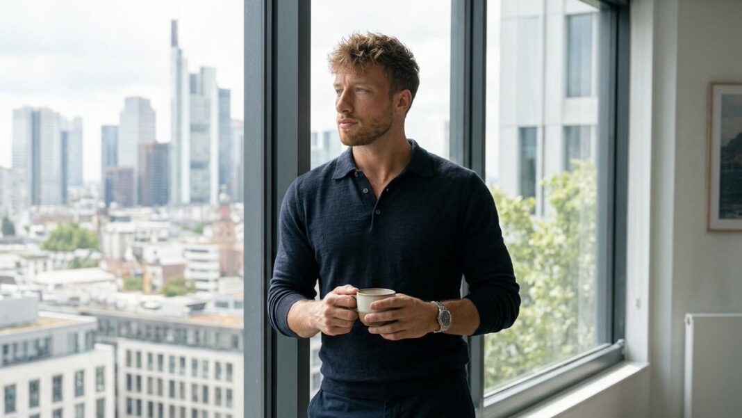 Lebensmodell Erfahrungen: So läuft die Begleitung in die Online-Beratung in vier Etappen ab Lukas Fischer, Gründer von Lebensmodell, steht mit einer Tasse Kaffee am Bürofenster
