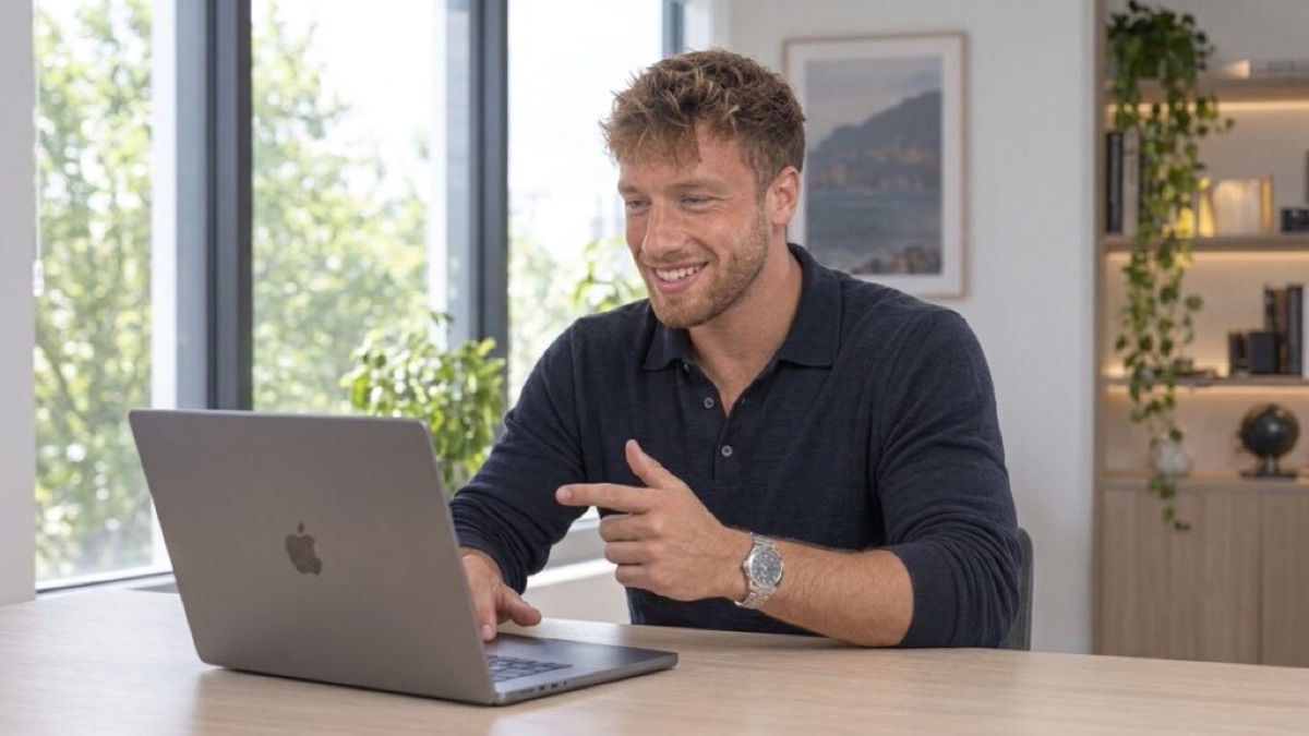 Lukas Fischer von Lebensmodell lächelt im Videogespräch am Laptop